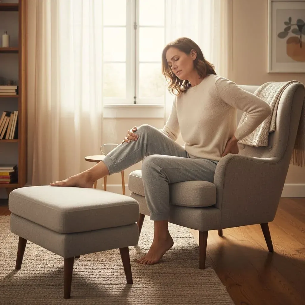 A woman sitting in an armchair at home, holding her lower back and hip.